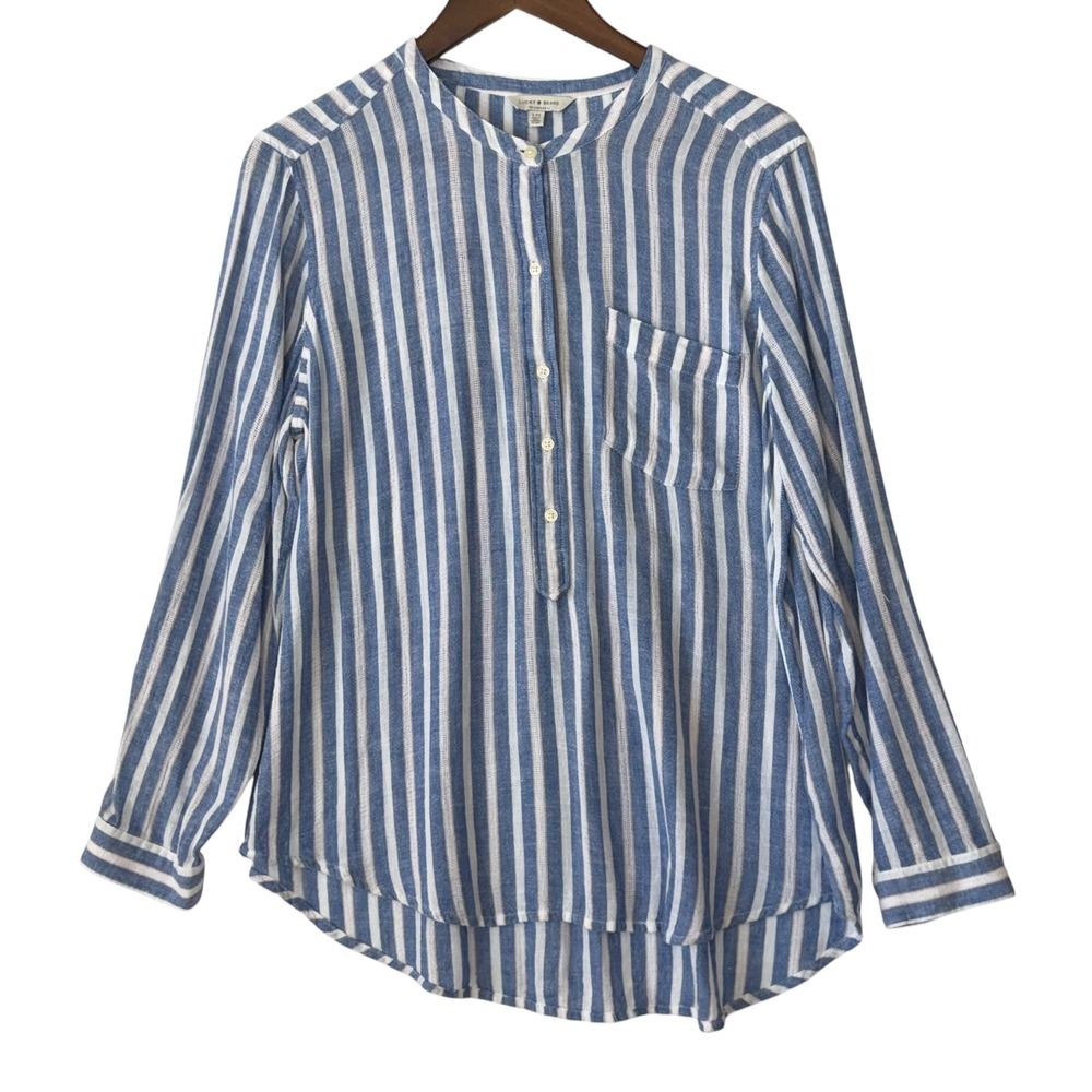Lucky Brand Henley Top Linen L Blue White Striped Long Sleeve Coastal Beach Chic